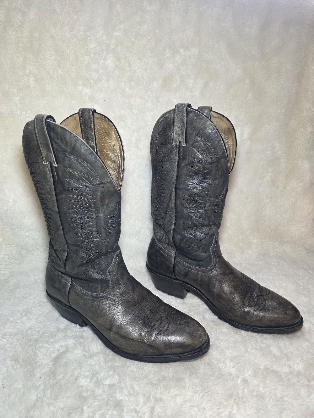 Boulet Handcrafted Leather Western Cowboy Boots Distressed Grey Brown Mens 7.5